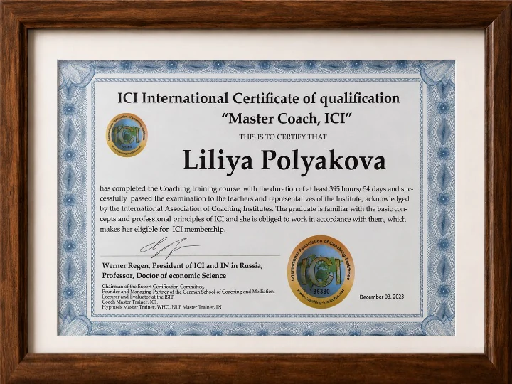 Сертификат Master Coach ICI в деревянной рамке